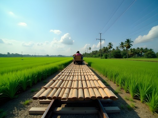 Traditional bamboo train (norry) speeding through green rice fields in Battambang