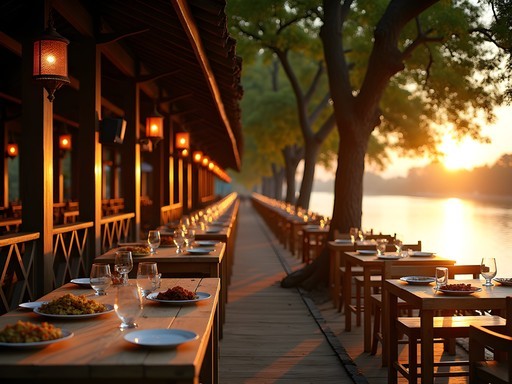 Atmospheric riverside restaurant with lanterns along the Sangkae River at sunset