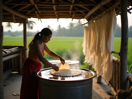 Local woman making traditional rice paper in rural village near Battambang