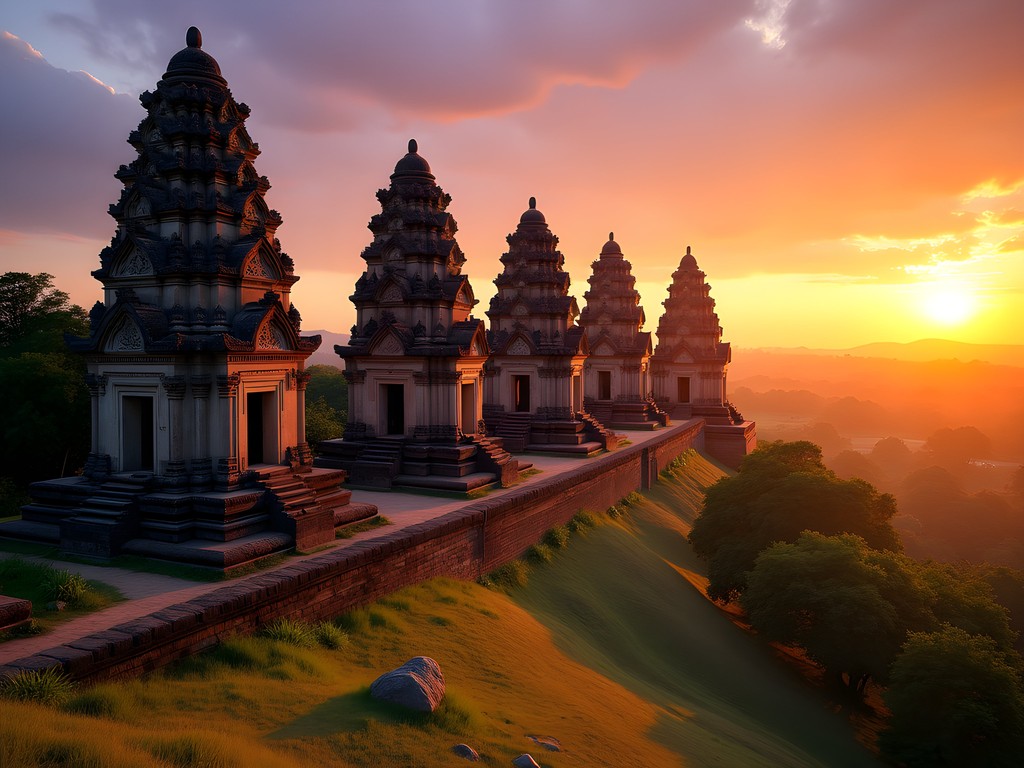 Ancient stone towers of Wat Banan temple glowing golden in sunset light
