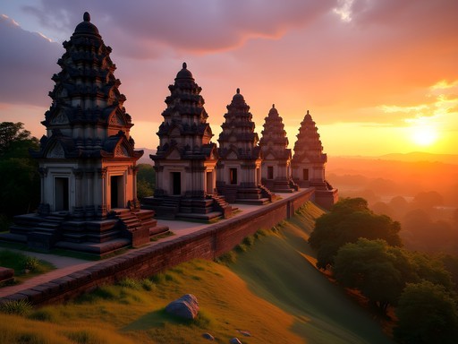 Ancient stone towers of Wat Banan temple glowing golden in sunset light