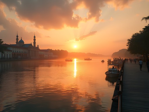 Sunrise over Amazon River viewed from Estação das Docas boardwalk in Belém
