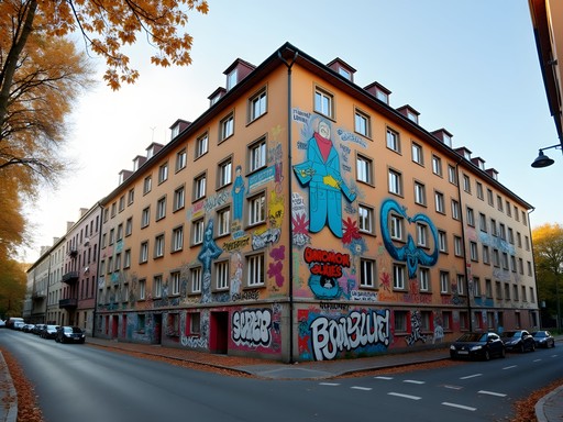 Layered street art murals on building wall in Kreuzberg district Berlin