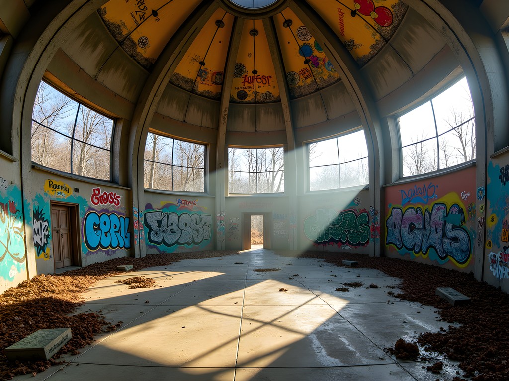 Graffiti-covered interior of abandoned NSA listening station dome at Teufelsberg Berlin