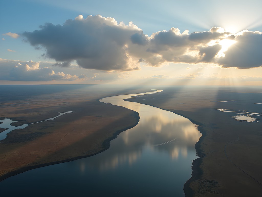 Aerial view of Bethel Alaska and Kuskokwim River delta landscape