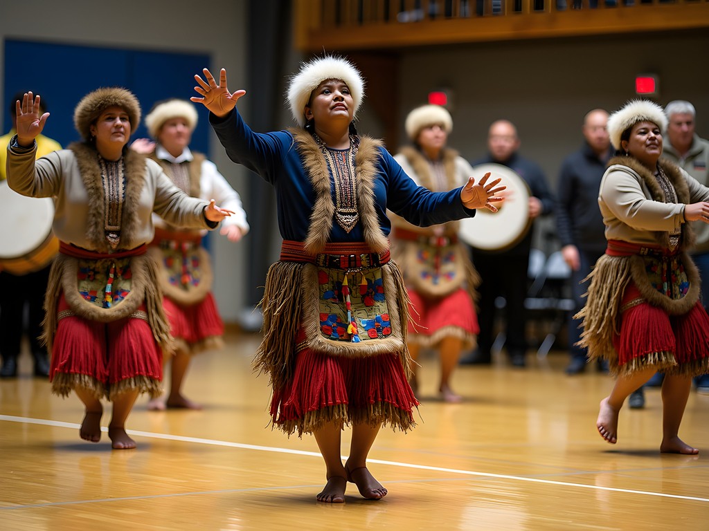 Yup'ik dancers performing traditional dance in regalia with drummers