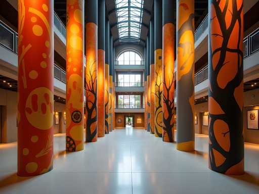 Interior of Azkuna Zentroa cultural center showing unique decorative columns designed by Philippe Starck
