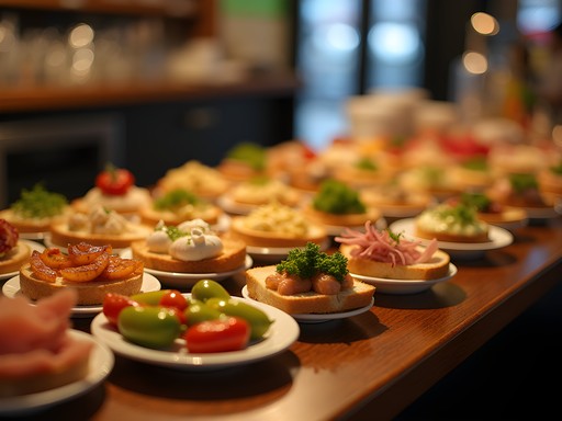 Colorful array of pintxos displayed on a bar counter in Plaza Nueva, Bilbao