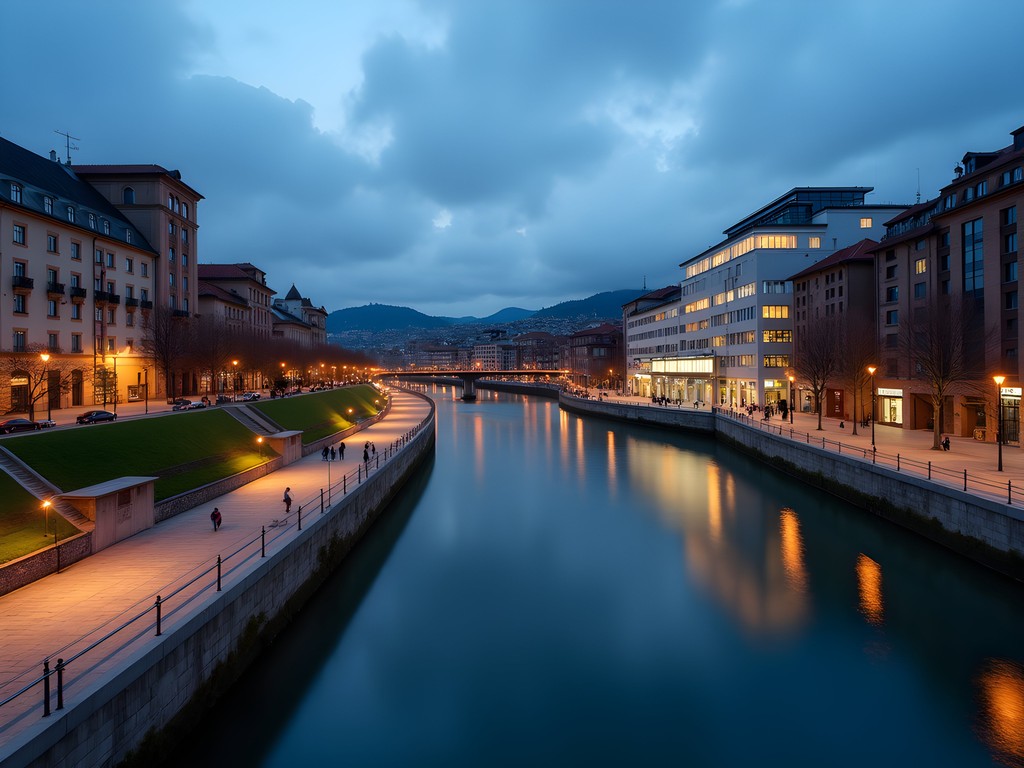 Riverside promenade in Bilbao at evening with modern architecture and locals enjoying the space