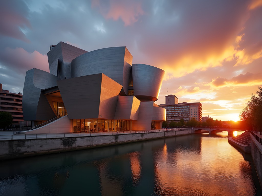 Guggenheim Museum Bilbao's titanium exterior reflecting sunset colors over the Nervión River