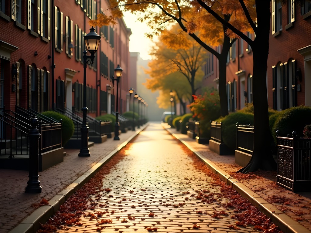 Historic Acorn Street in Beacon Hill Boston with fall foliage and cobblestones