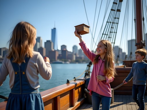 Family participating in Boston Tea Party reenactment with harbor and city skyline in background