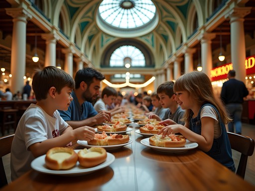 Family enjoying traditional New England food at Quincy Market Boston