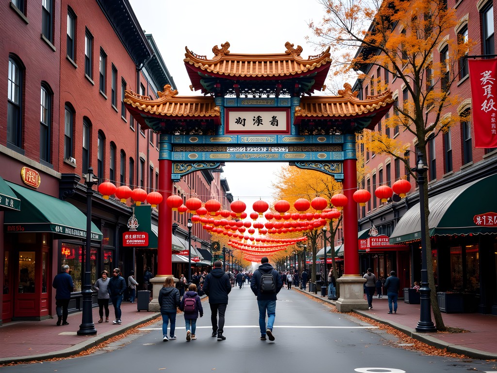 Family exploring Boston's Chinatown with traditional red lanterns and architecture visible