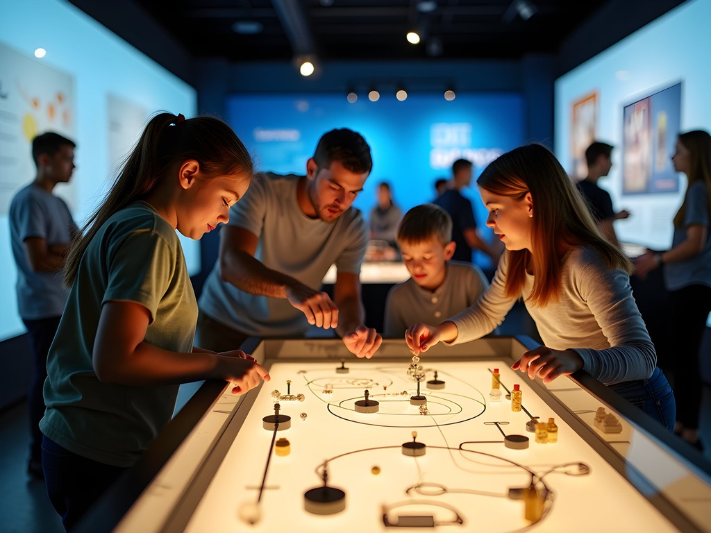 Family engaged with interactive physics exhibit at Boston Museum of Science