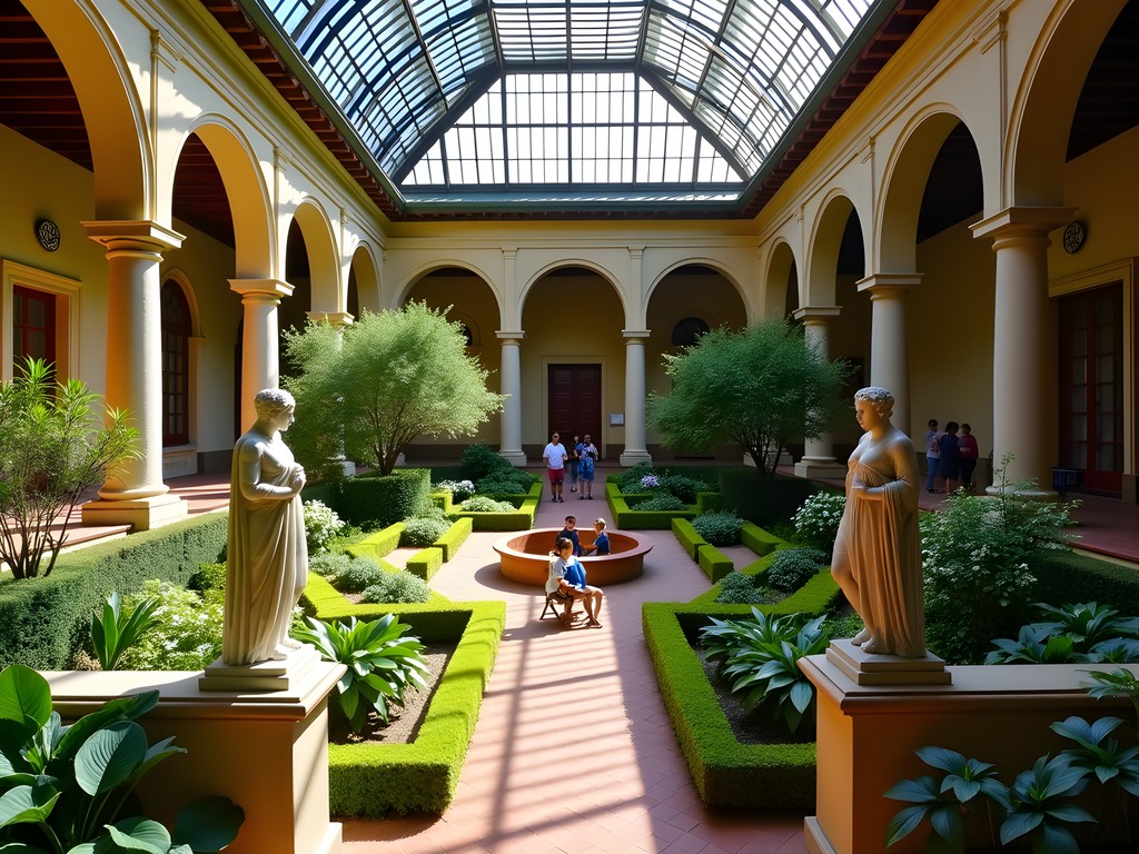 The lush central courtyard of Isabella Stewart Gardner Museum with Roman sculpture and seasonal plants
