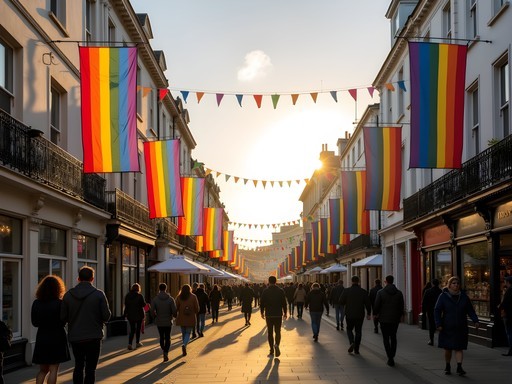 Rainbow flags and LGBTQ+ cultural landmarks in Brighton's Kemptown district