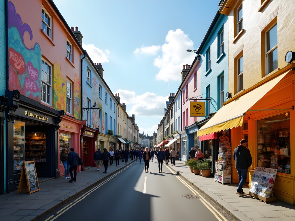 Colorful street art and independent shops in Brighton's North Laine district