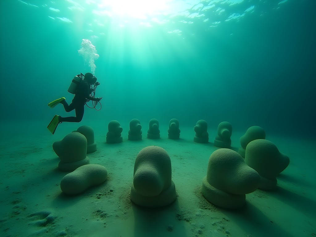 Diver examining underwater sculpture installation beneath Brighton Palace Pier