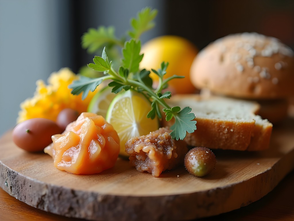Variety of colorful Australian bush tucker foods on wooden serving board