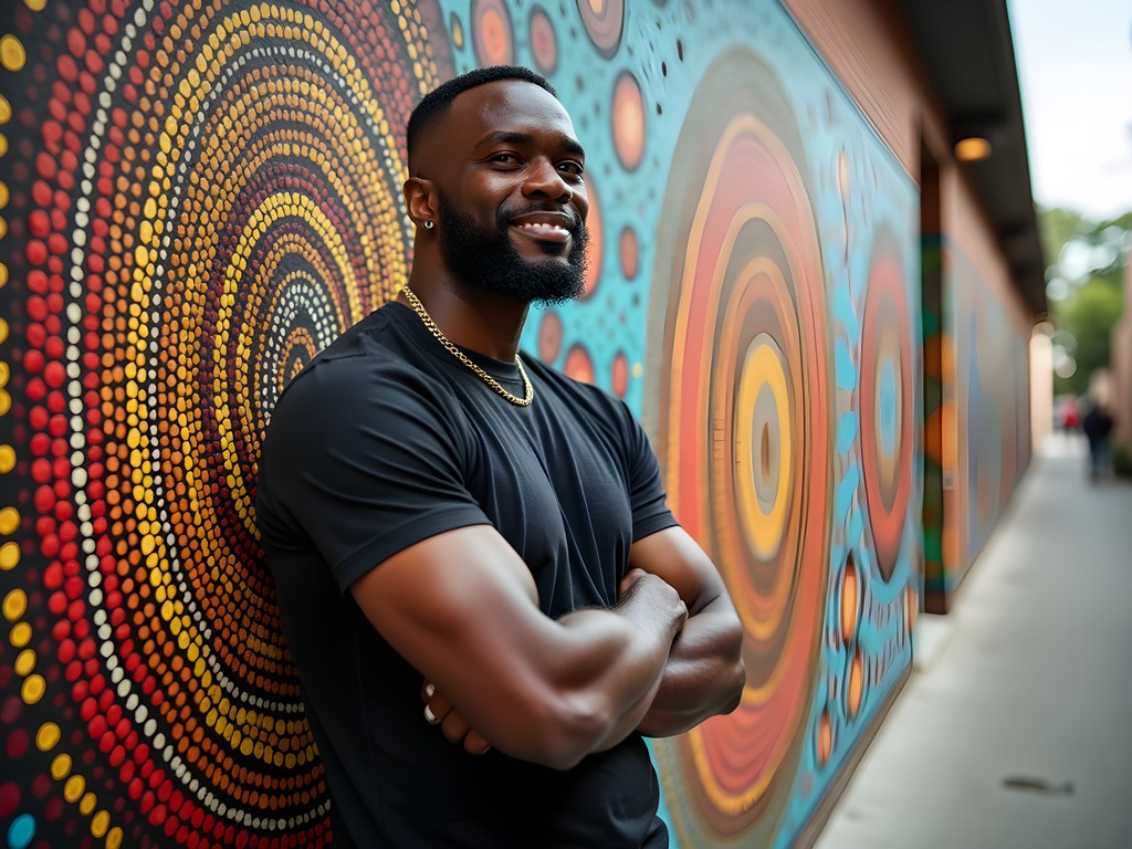 Man standing next to large-scale Aboriginal-inspired street art mural in Brisbane