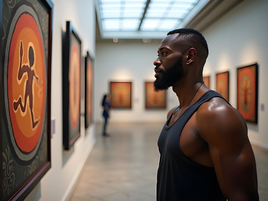 Man examining contemporary Aboriginal artwork at Museum of Brisbane