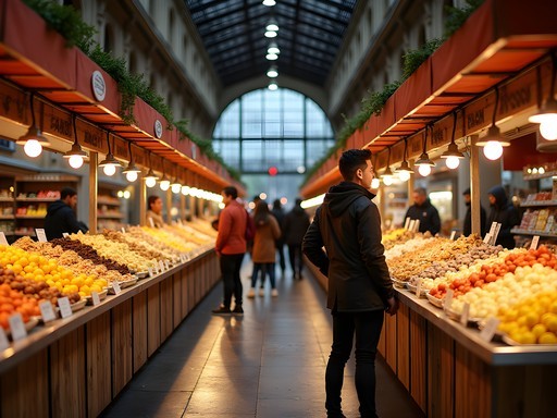 Vibrant food market in Brno with various local cuisine vendors and young customers