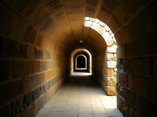 Atmospheric stone corridor in Brno's underground labyrinth with soft lighting