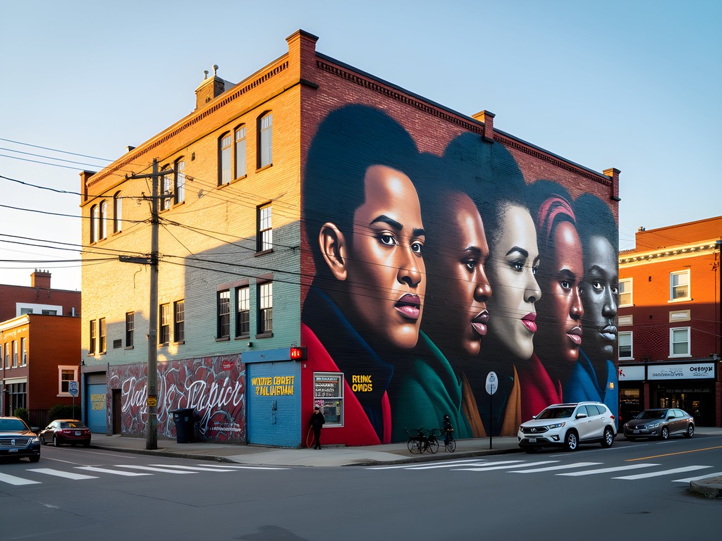 Vibrant community mural in downtown Brockton depicting the city's multicultural history
