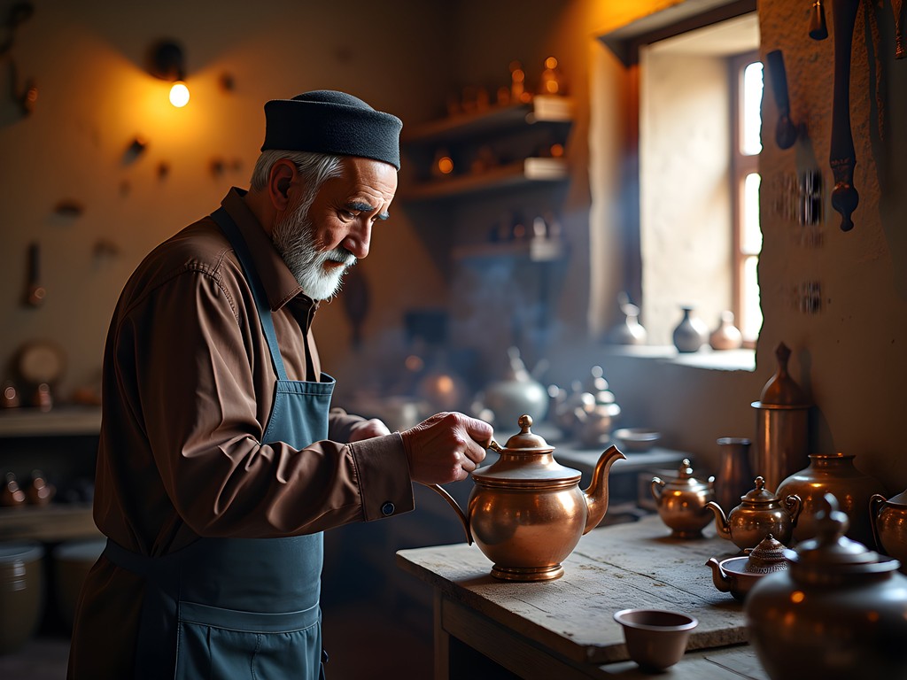 Traditional coppersmith workshop in Bukhara with artisan hammering intricate patterns