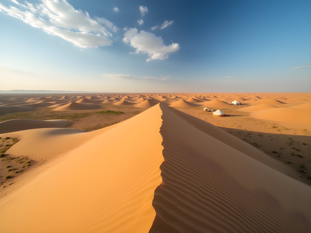 Woman riding Bactrian camel in Kyzylkum Desert near Bukhara with yurt camp visible in distance
