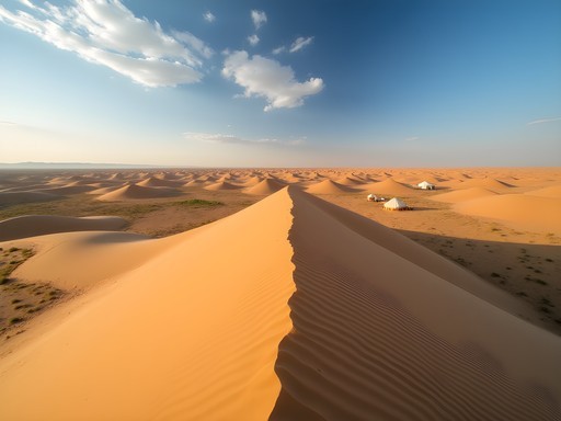 Woman riding Bactrian camel in Kyzylkum Desert near Bukhara with yurt camp visible in distance