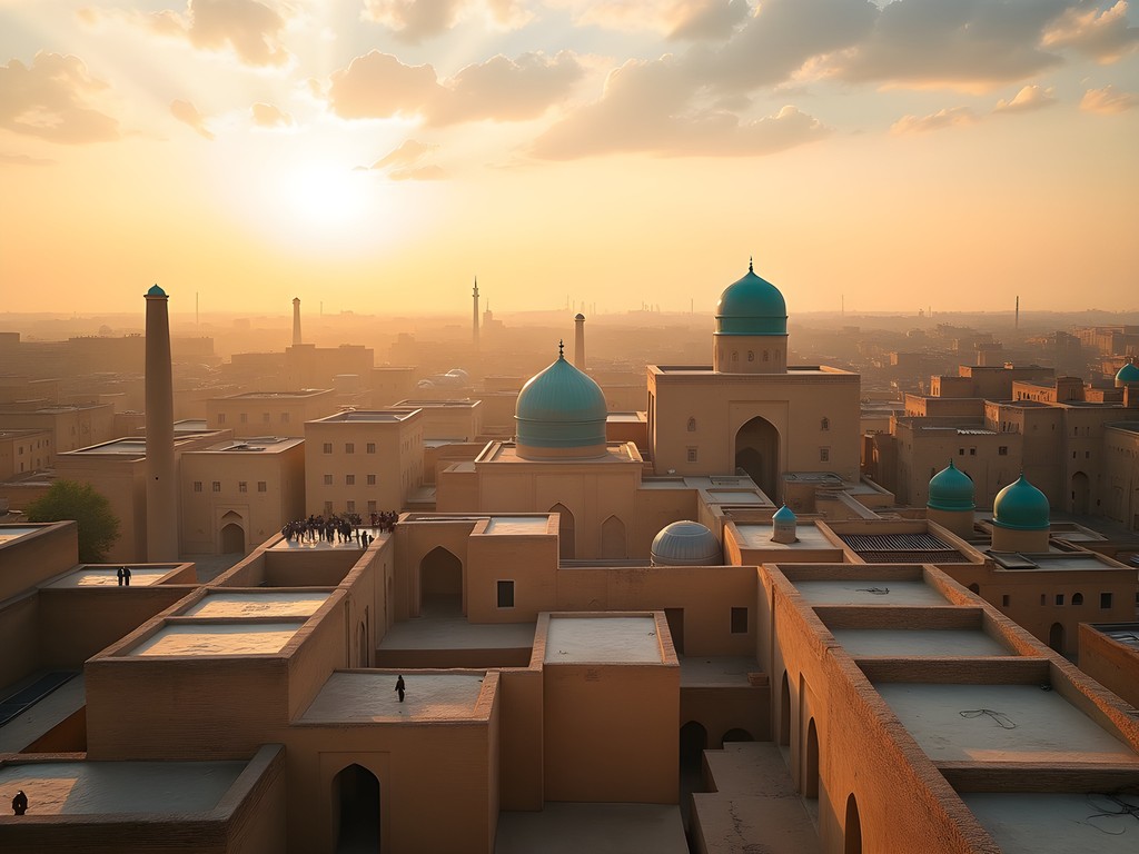 Panoramic sunset view from Bukhara rooftop showing historic minarets and domes in golden light
