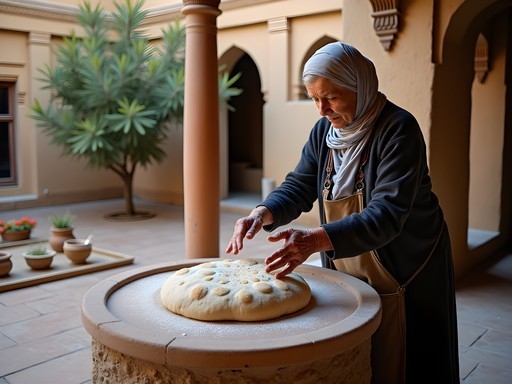 Woman learning traditional non bread making in Bukharan family courtyard with tandoor oven