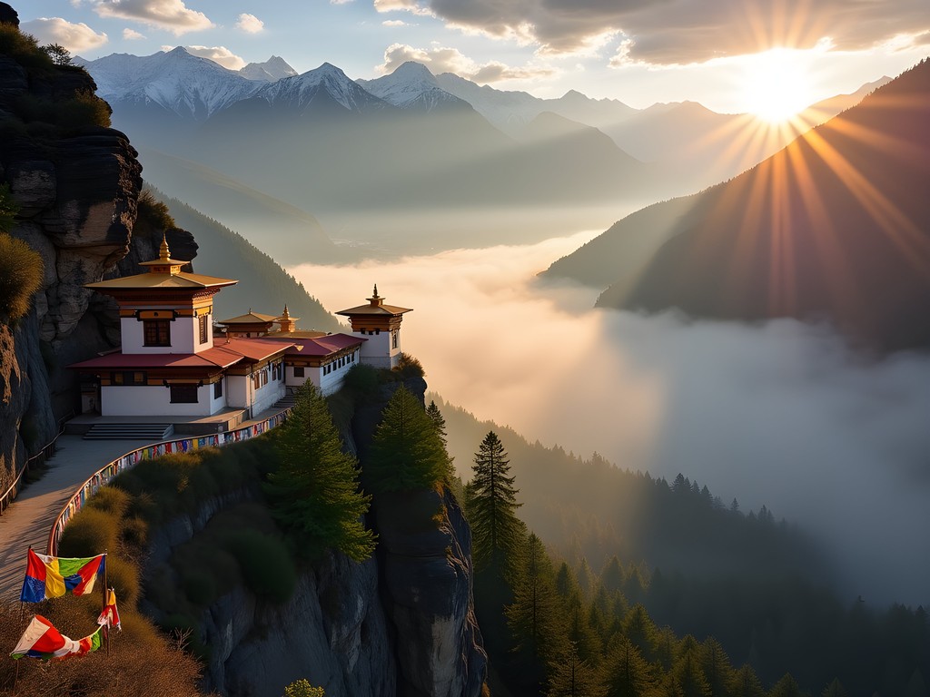 Misty sunrise over Bumthang Valley with ancient temples and prayer flags