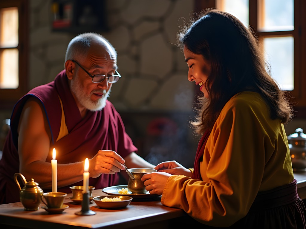 Female traveler participating in traditional Bhutanese butter tea ceremony with local monks