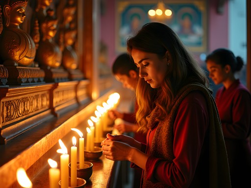 Woman lighting traditional butter lamps as offerings at Bhutanese temple before festival