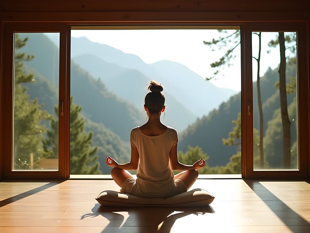 Woman meditating in luxury forest villa with panoramic views of Bumthang Valley at sunrise