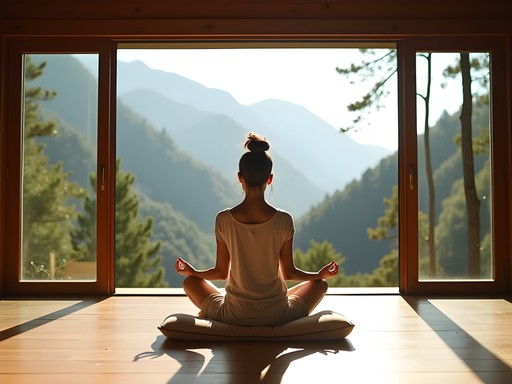 Woman meditating in luxury forest villa with panoramic views of Bumthang Valley at sunrise