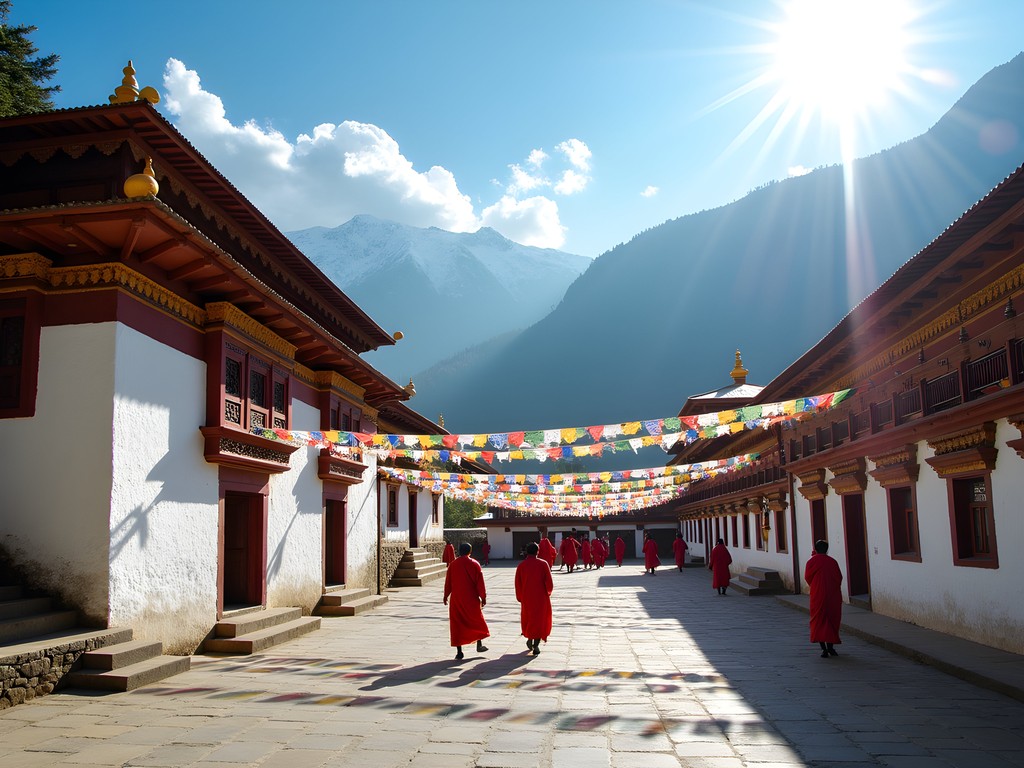 Ancient Thangbi monastery with colorful prayer flags against Himalayan backdrop in Bhutan