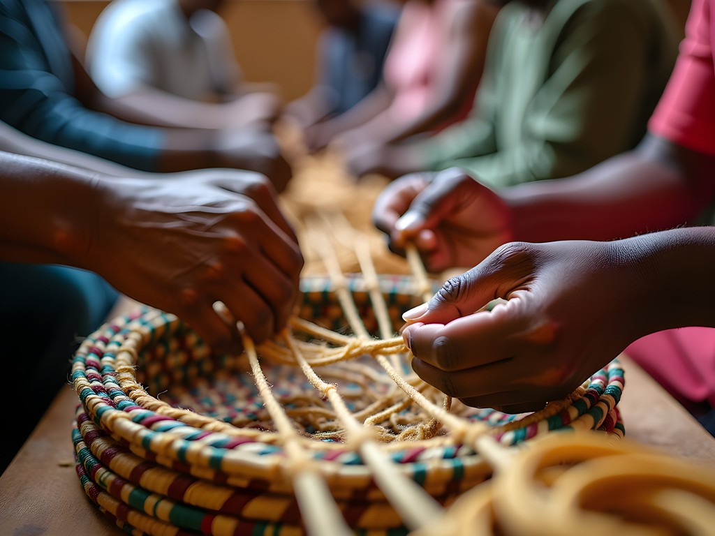 Family participating in traditional basket weaving workshop with local artisans in Butare Rwanda