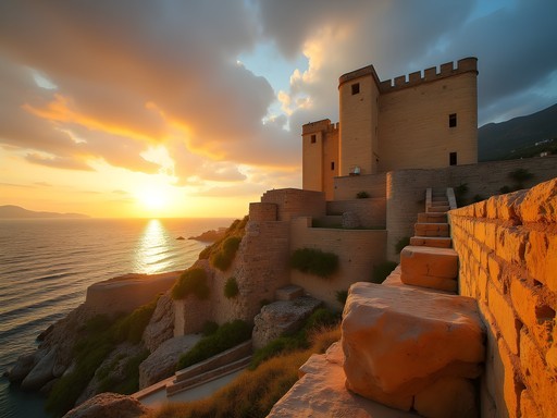 Ancient Crusader Castle in Byblos at sunset with Mediterranean Sea in background