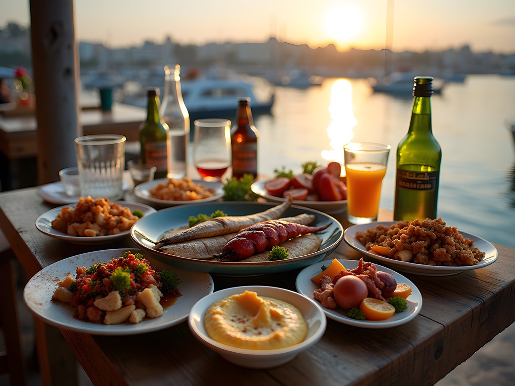 Traditional Lebanese seafood mezze spread overlooking Byblos harbor at sunset