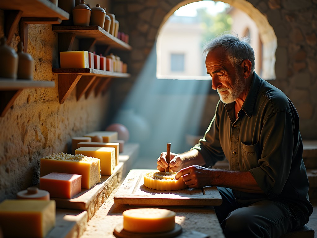 Local artisan demonstrating traditional soap making in the medieval souk of Byblos