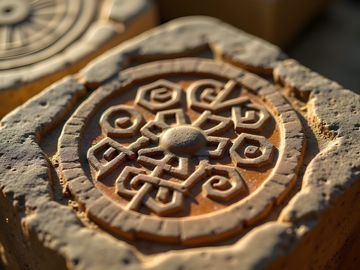 Ancient geometric patterns carved in stone at archaeological site in Byblos, Lebanon