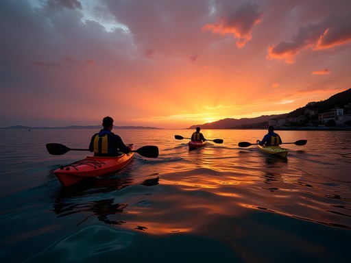 Kayakers paddling along the coast of Byblos at sunset with ancient ruins visible on shoreline