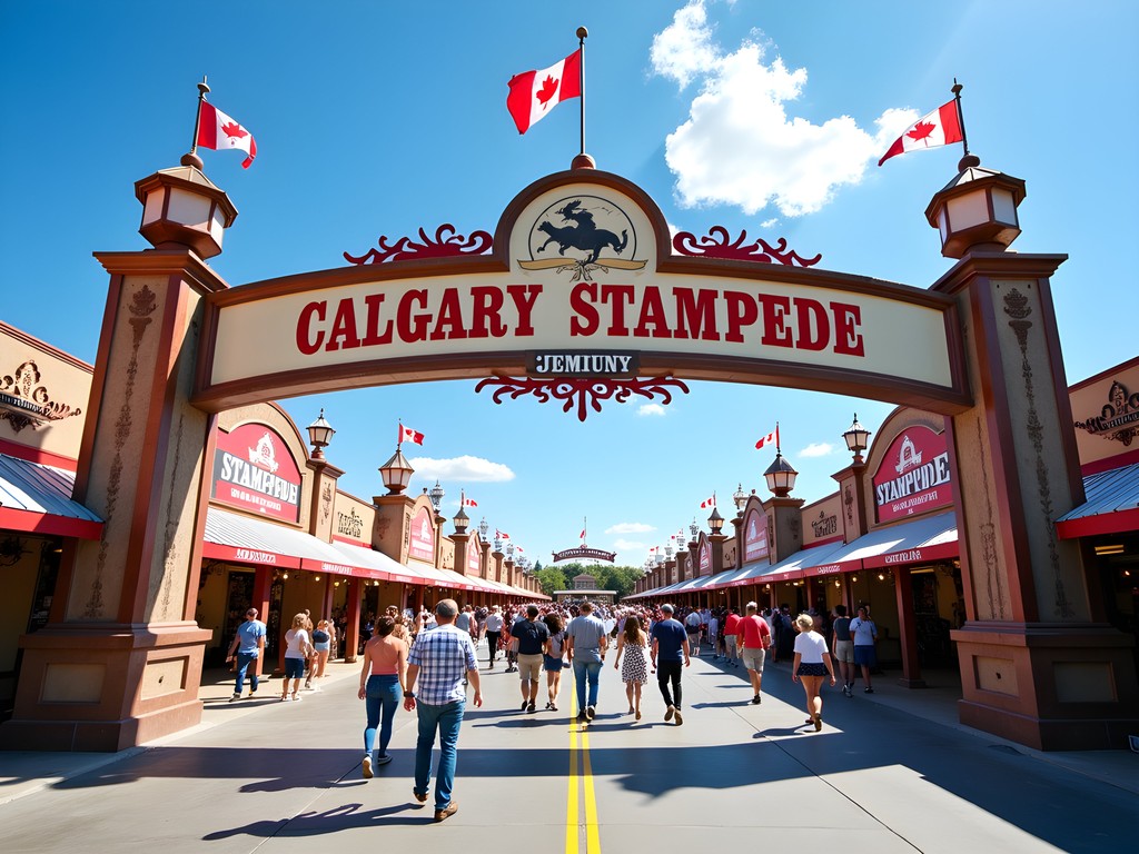 Entrance to the Calgary Stampede grounds with western-themed decorations and crowds