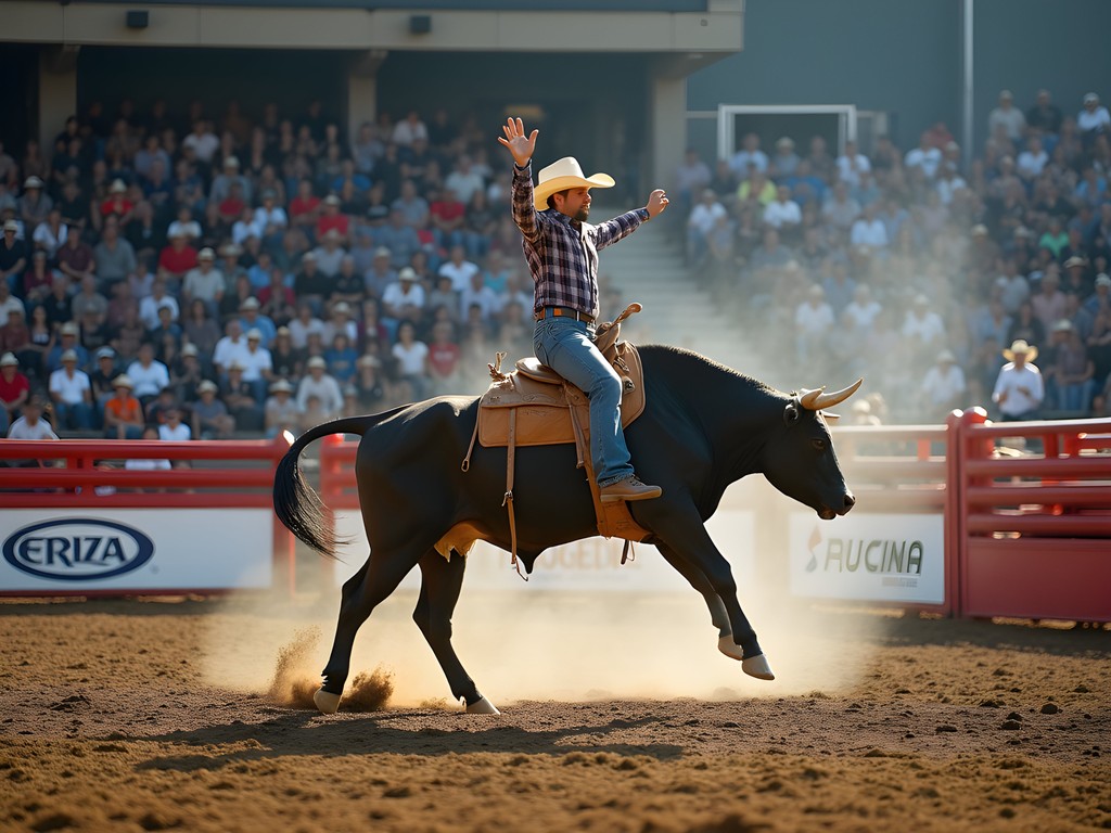 Bull rider competing at the Calgary Stampede rodeo with crowds cheering in the background