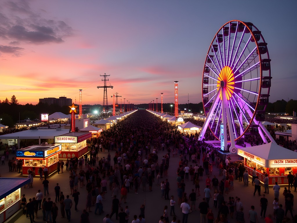 Calgary Stampede midway at sunset with colorful lights and rides