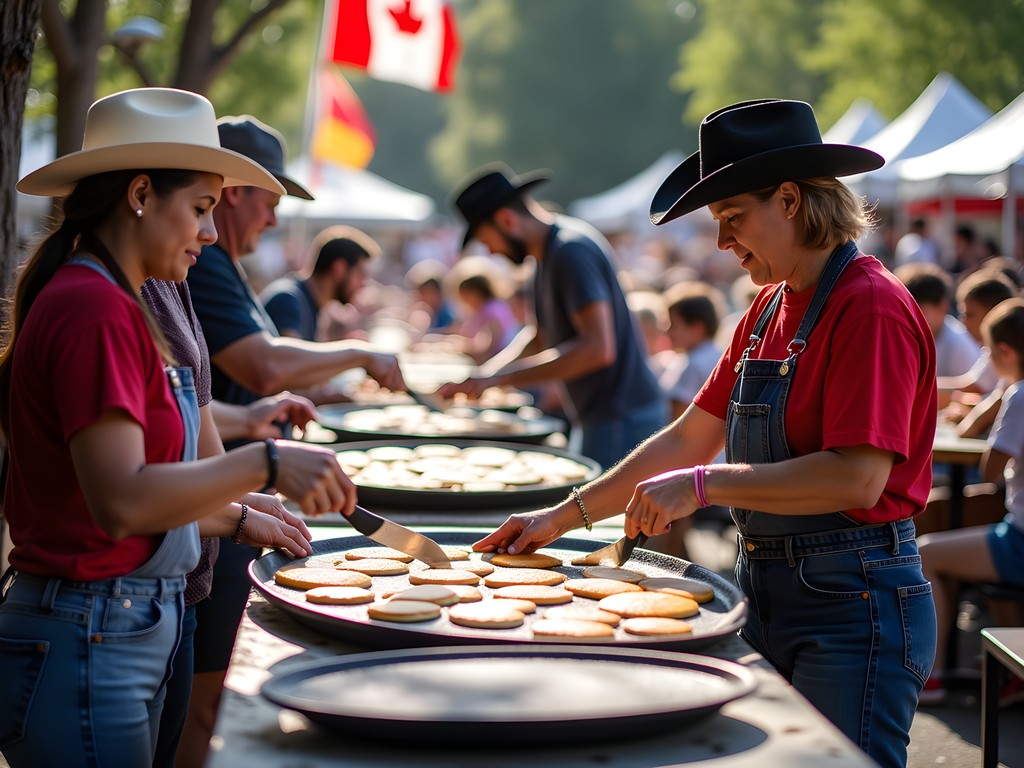 Community pancake breakfast during Calgary Stampede with volunteers serving food